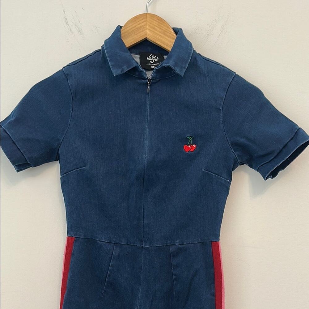 Valfie Women's Denim Blue Jumpsuit with Red and Yellow Stripes, Cherry Patch XS